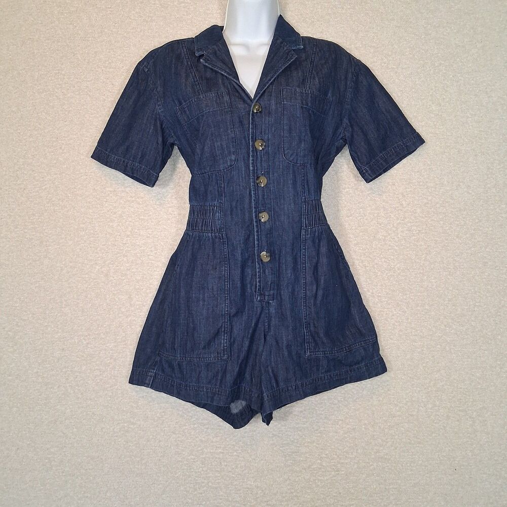 100% Cotton Denim Collard Button Up Romper Sz Xs Streetwear Casual Staple Simple